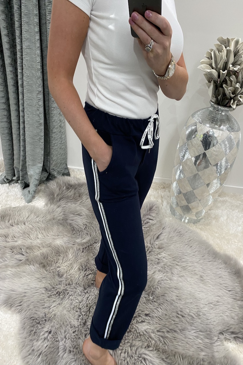Navy Sparkle Side Stripe Drawstring Joggers 