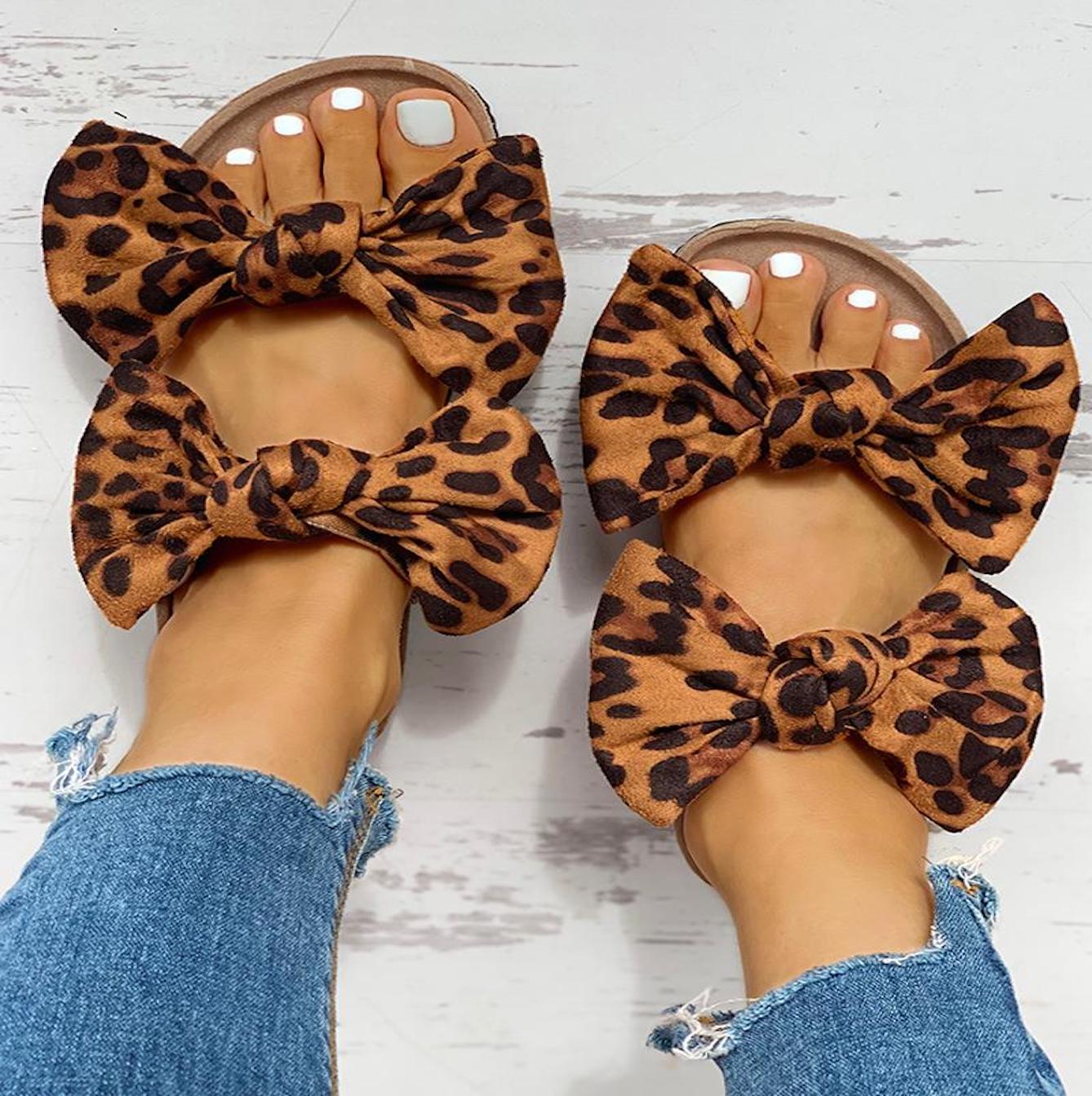 cow print double bow sandals