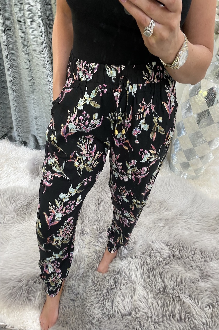 Stark Black Floral Elasticated Trousers 