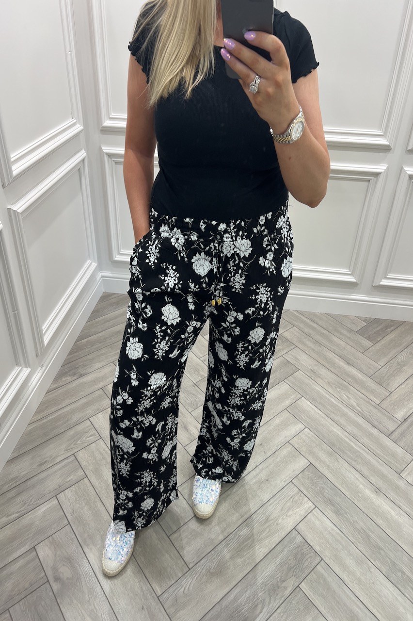 Black Floral Bloom Relaxed Elasticated Trousers