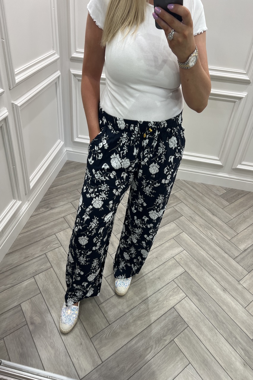 Navy Floral Bloom Relaxed Elasticated Trousers