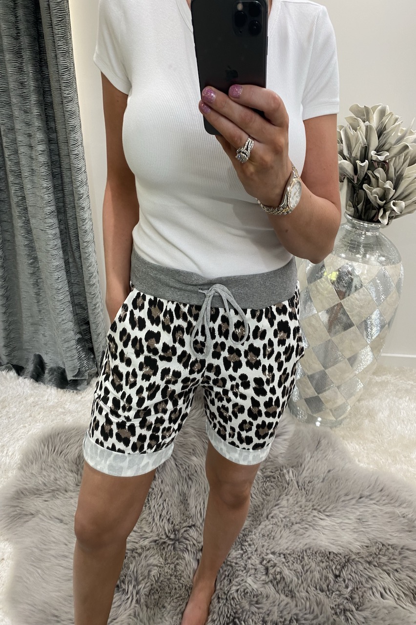 White Leopard Brown Spot Drawstring Shorts