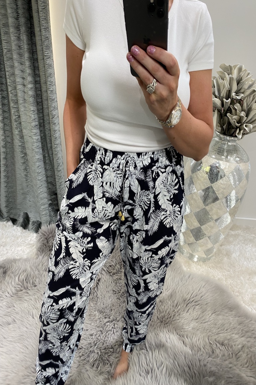 Cally Navy Leaf  Floral Elasticated Trousers