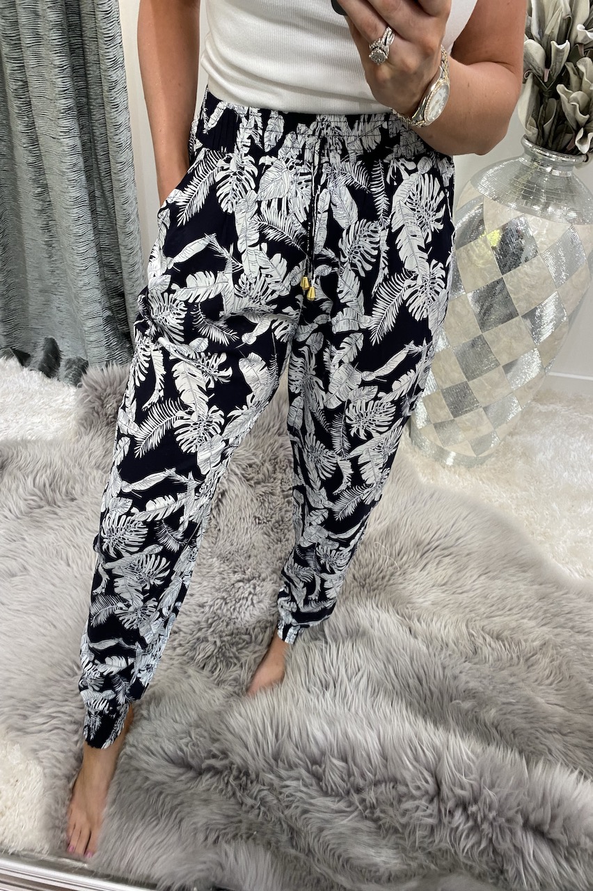 Cally Navy Leaf  Floral Elasticated Trousers