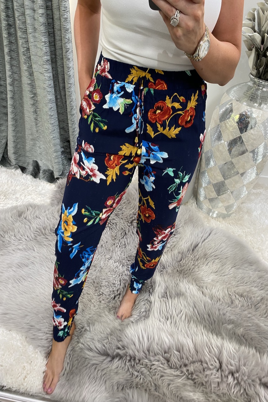 Oslo Navy  Floral Elasticated Trousers