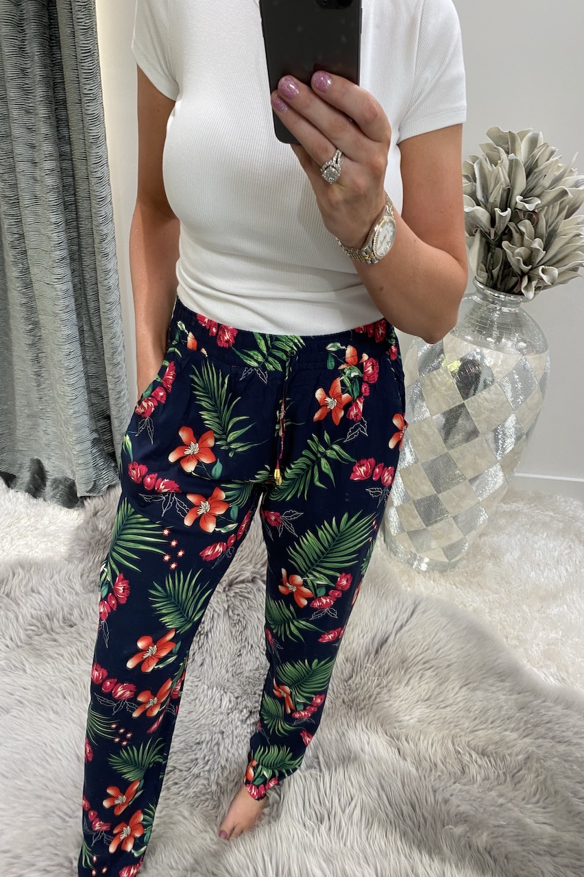 Joyfull Navy Floral  Elasticated Trousers