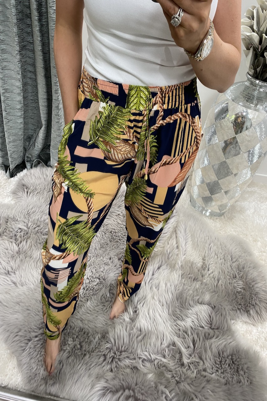 Navy Pattern Floral Chain Elasticated Trousers