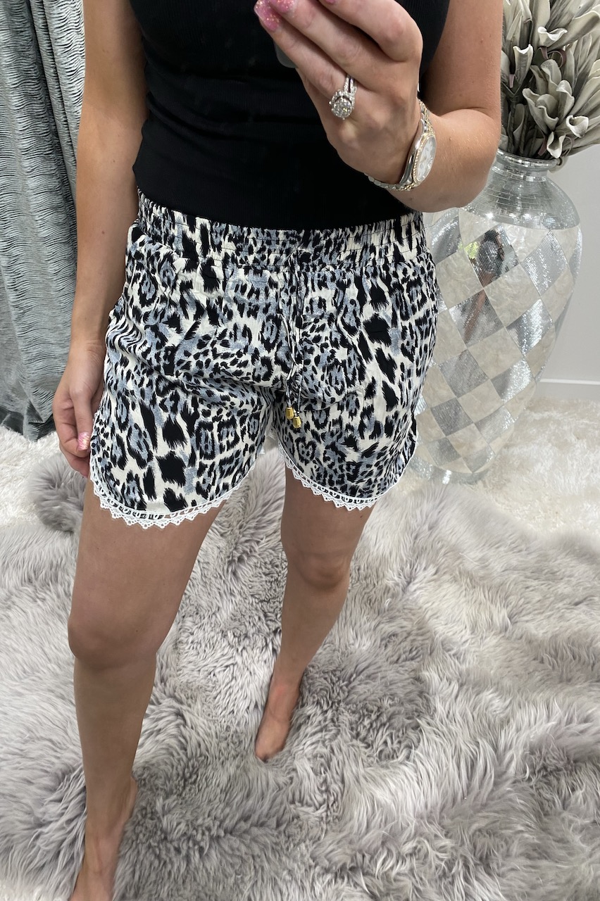 Grey Leopard Shorts With Lace Trim