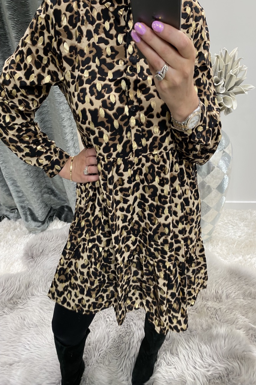 Leopard & Gold Metallic Button Dress