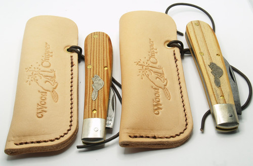 2 Knife Set Great Eastern Cutlery Farm & Field Wood Chipper Antique Heart Pine Wood 930126L  & 930126S With Leather Sheath