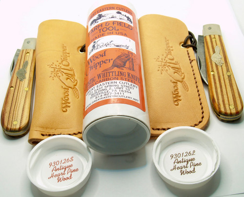 2 Knife Set Great Eastern Cutlery Farm & Field Wood Chipper Antique Heart Pine Wood 930126L  & 930126S With Leather Sheath