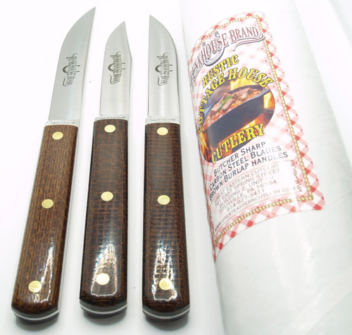 3 Knife Set Great Eastern Cutlery 1095 Carbon Fixed Blade Paring, Slicing, Steak Knives Rustic Burlap W/Tube