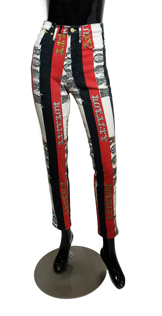 Versace Jeans Couture High-Waist Rock Royalty Black Red White Jeans - Size IT 28 42 (US Size 2-4) - Vintage 1990s Rare