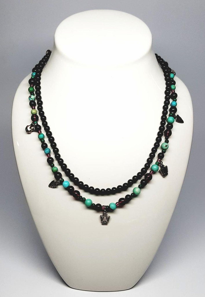 Native American Squash Blossom Natural Stones Sterling Silver Symbols Double Strand Necklace - Vintage