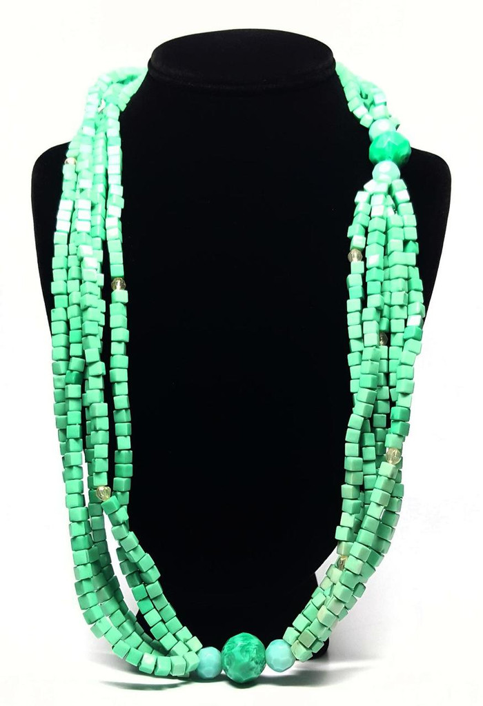 Bakelite Candy Apple Green Five-Strand Cube Long Statement Necklace - Vintage