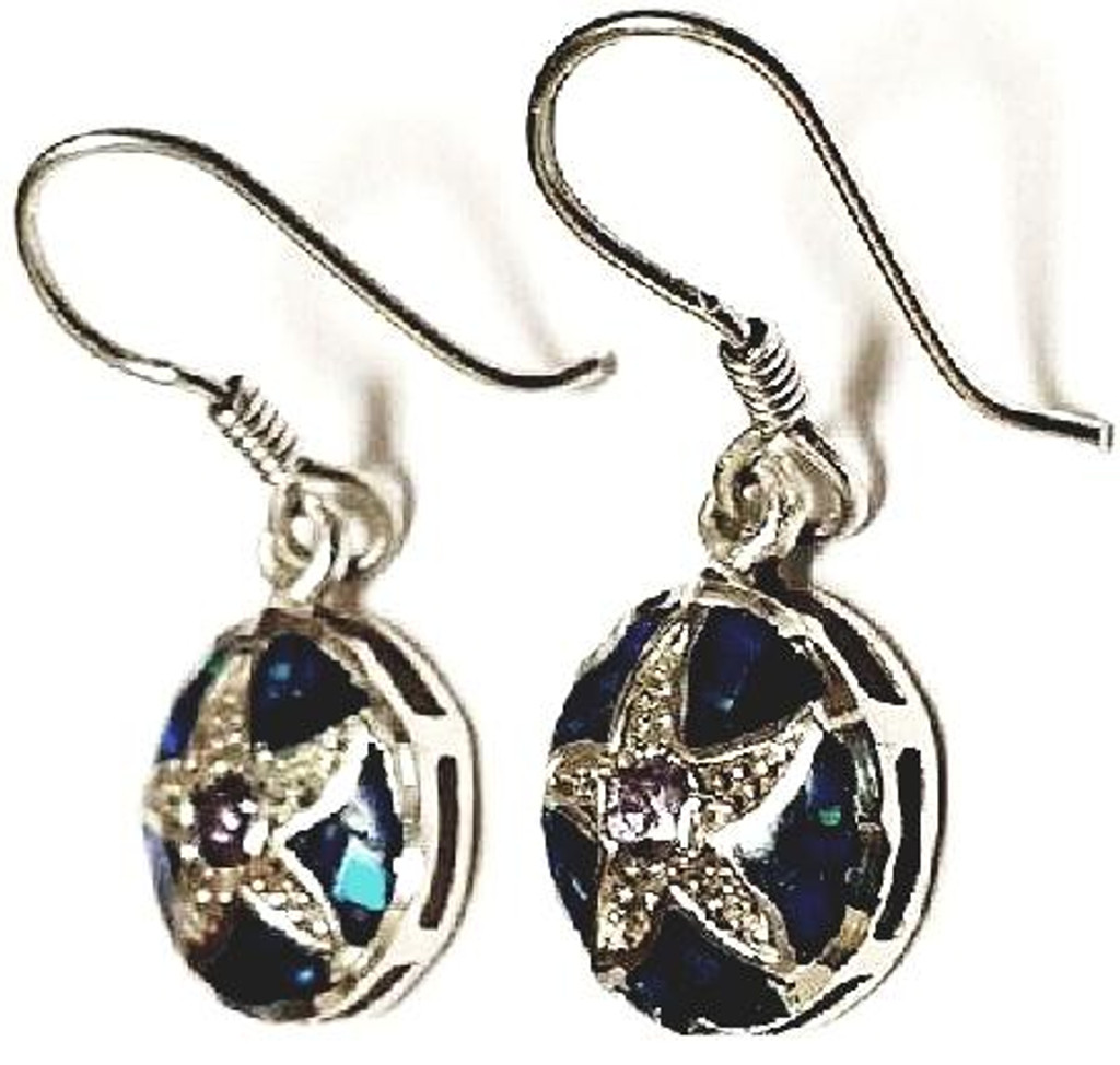 Sterling Silver Starfish Blue Mosaic Amethyst Center Earrings - Vintage