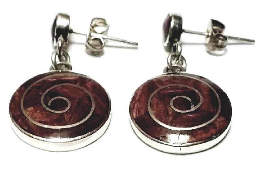 Sterling Silver Cinnamon Crushed Red Jasper Stone Swirl Earrings - Vintage