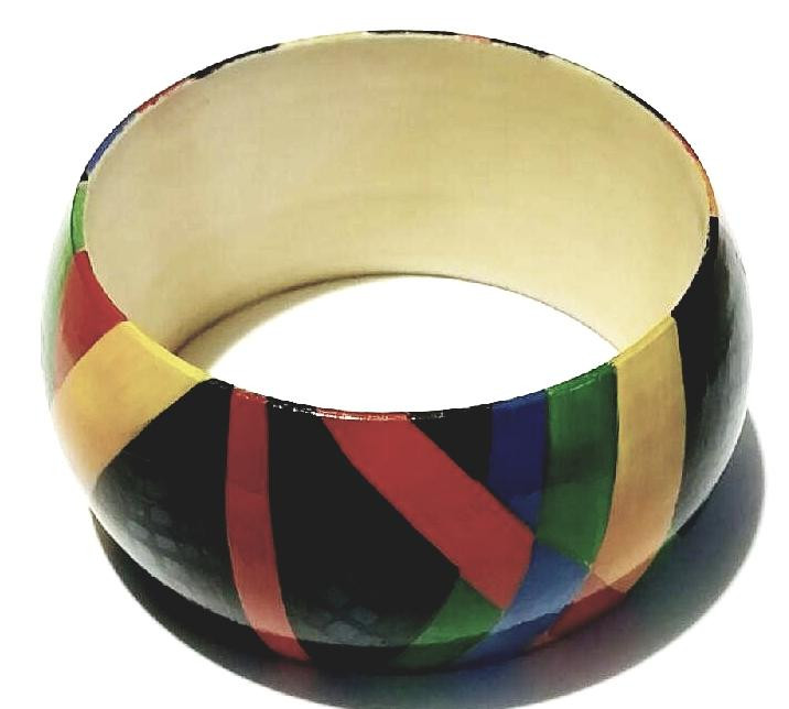 Wooden Bracelet - Wide Bold Color Block Digital Bangle - Vintage 
