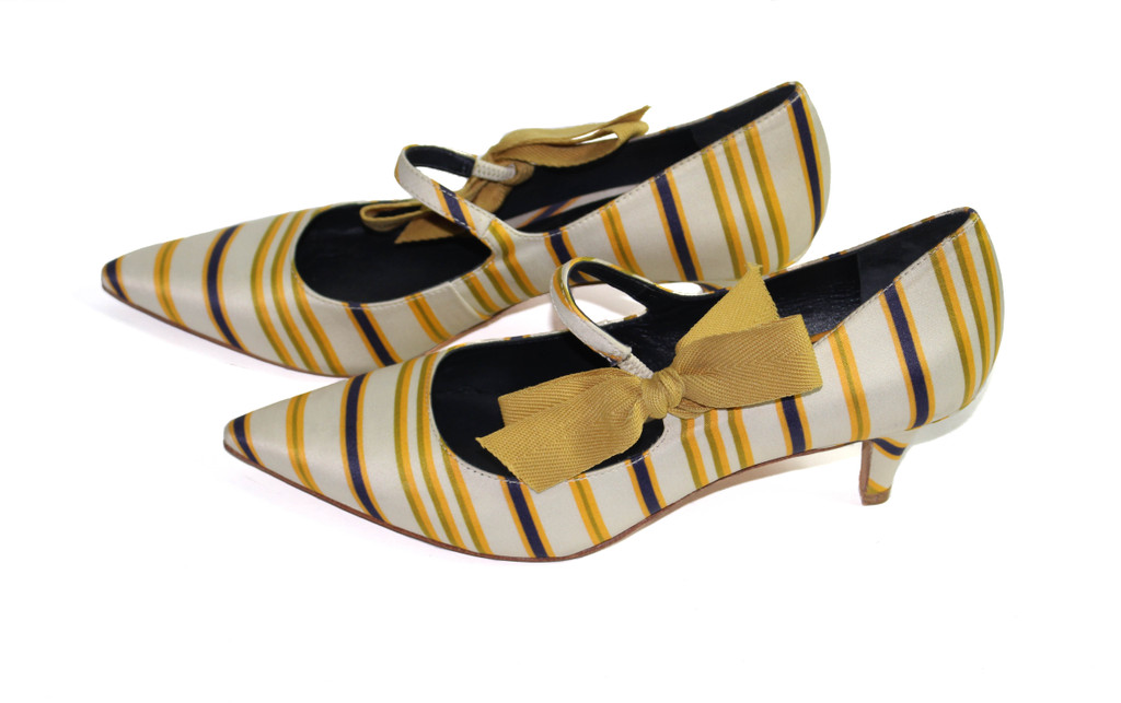 Tory Burch "Beverly" Satin Striped Mary Jane Bow Tie Kitten Heels - US  8M  - New