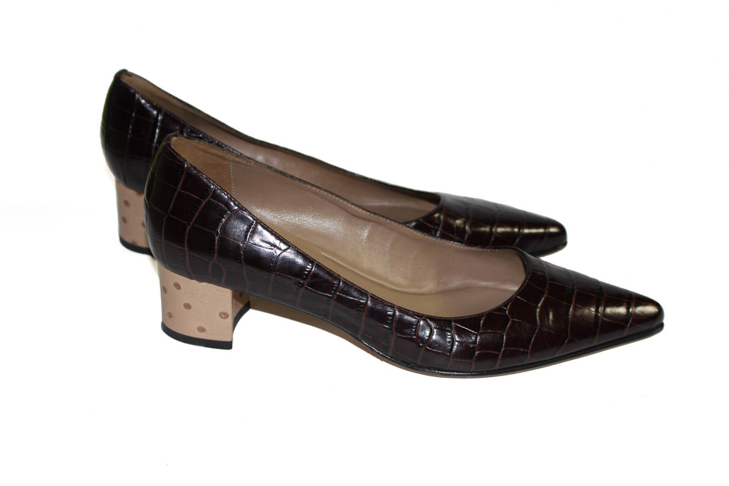 Anyi Lu Brown Leather Crocodile & Ostrich Print Block Heels - US 7 - New