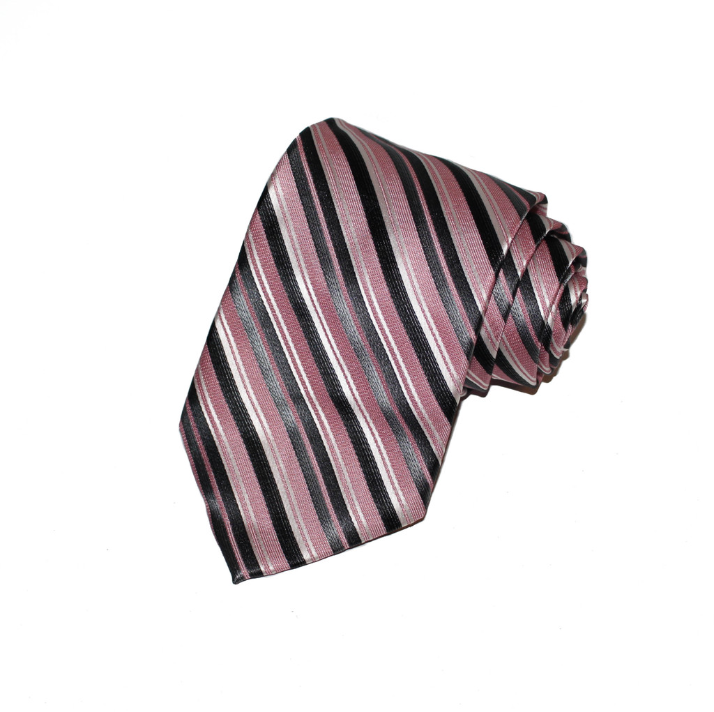 Nicole Miller Silk Pink Black Gray and Silver Slanted Striped Tie - New