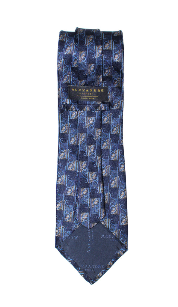 Alexandre London Silk Navy & Gold Art Deco Check Tie - Vintage Deadstock