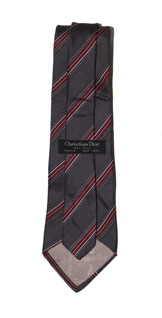 Christian Dior Silk Slate & Crimson Slanted Stripes Tie - Vintage Deadstock