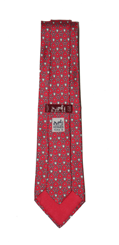 Hermes Paris Silk Raspberry & Gray Interlocking Rings Tie - Vintage Deadstock 