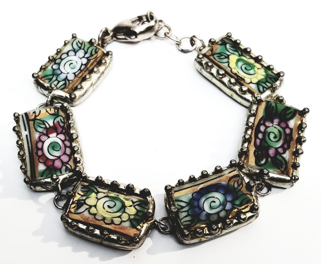 Sterling Silver Picture-Framed Flowers Bracelet - Vintage