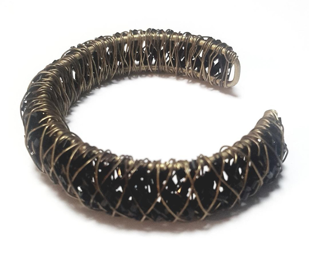 Bronze Metal and Black Crystals Basket Weave Cuff Bracelet - Vintage 