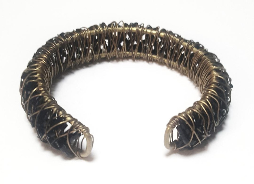 Bronze Metal and Black Crystals Basket Weave Cuff Bracelet - Vintage 
