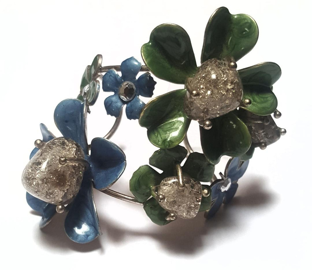 Enamel Bracelet - Crystal Ball Flowers Stainless Steel Cuff - Vintage