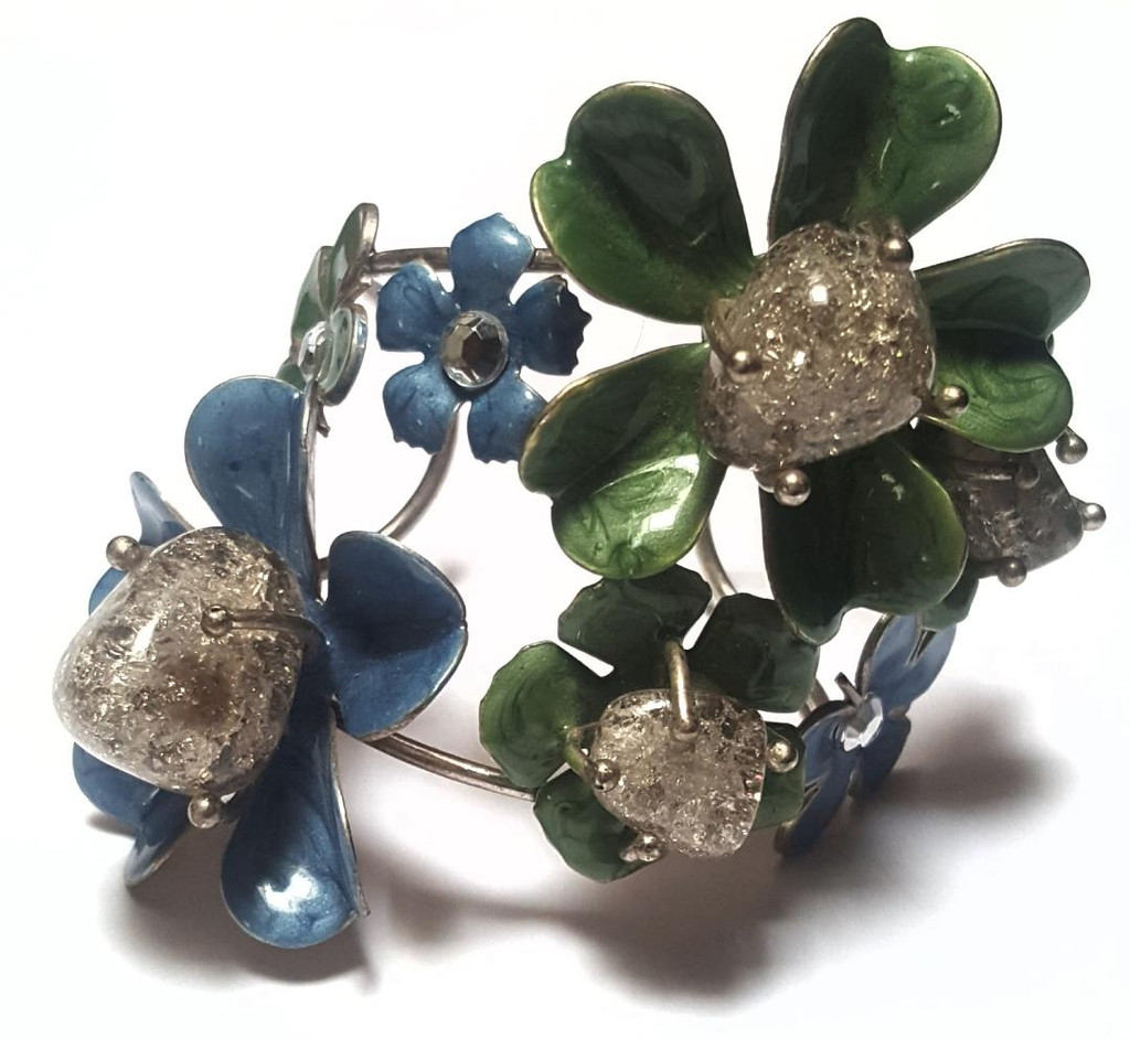 Enamel Bracelet - Crystal Ball Flowers Stainless Steel Cuff - Vintage