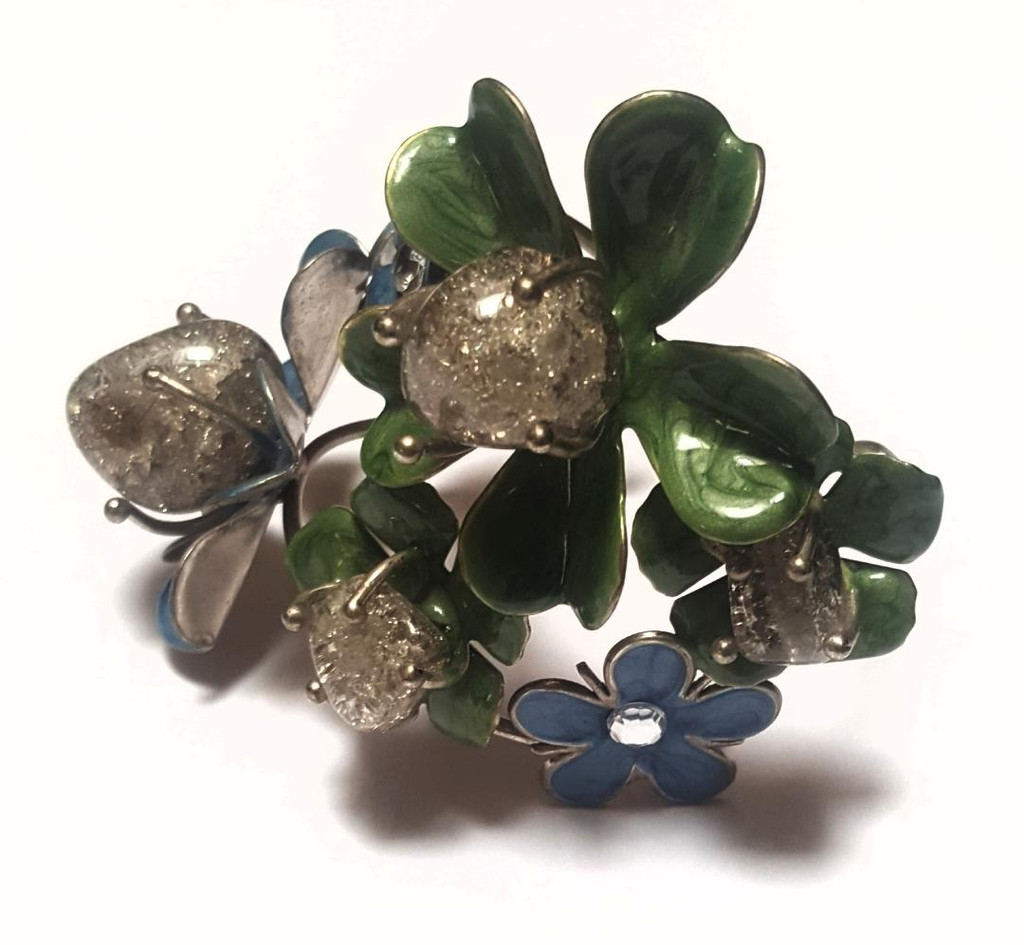 Enamel Bracelet - Crystal Ball Flowers Stainless Steel Cuff - Vintage