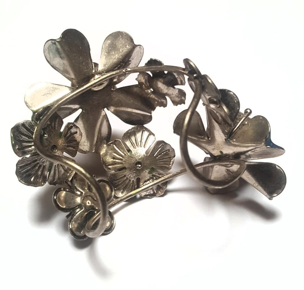 Enamel Bracelet - Crystal Ball Flowers Stainless Steel Cuff - Vintage