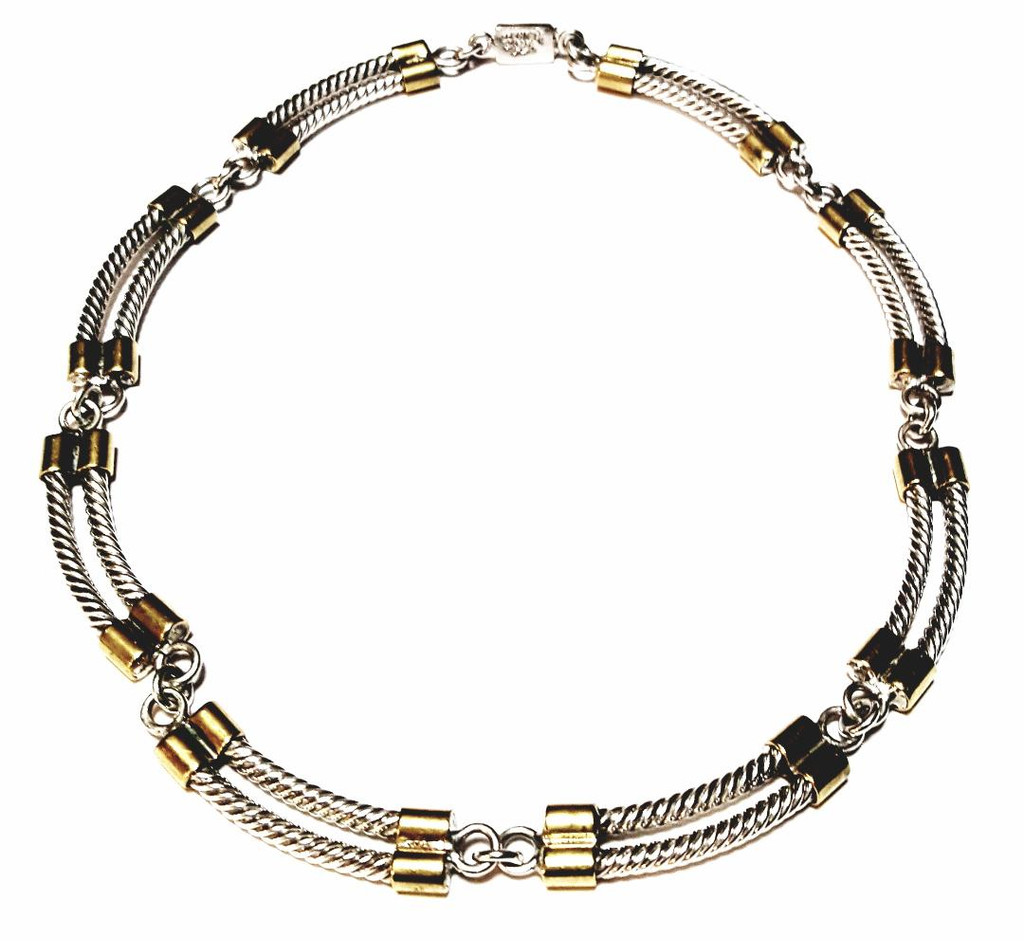 Taxco Sterling Silver Double Bars Brass Cap Choker Necklace - Vintage 1950s