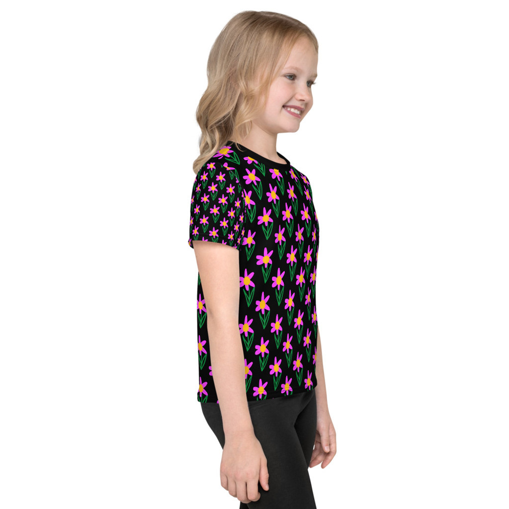 Ann Gertrude Magenta Petals Short Sleeve Tee - Black