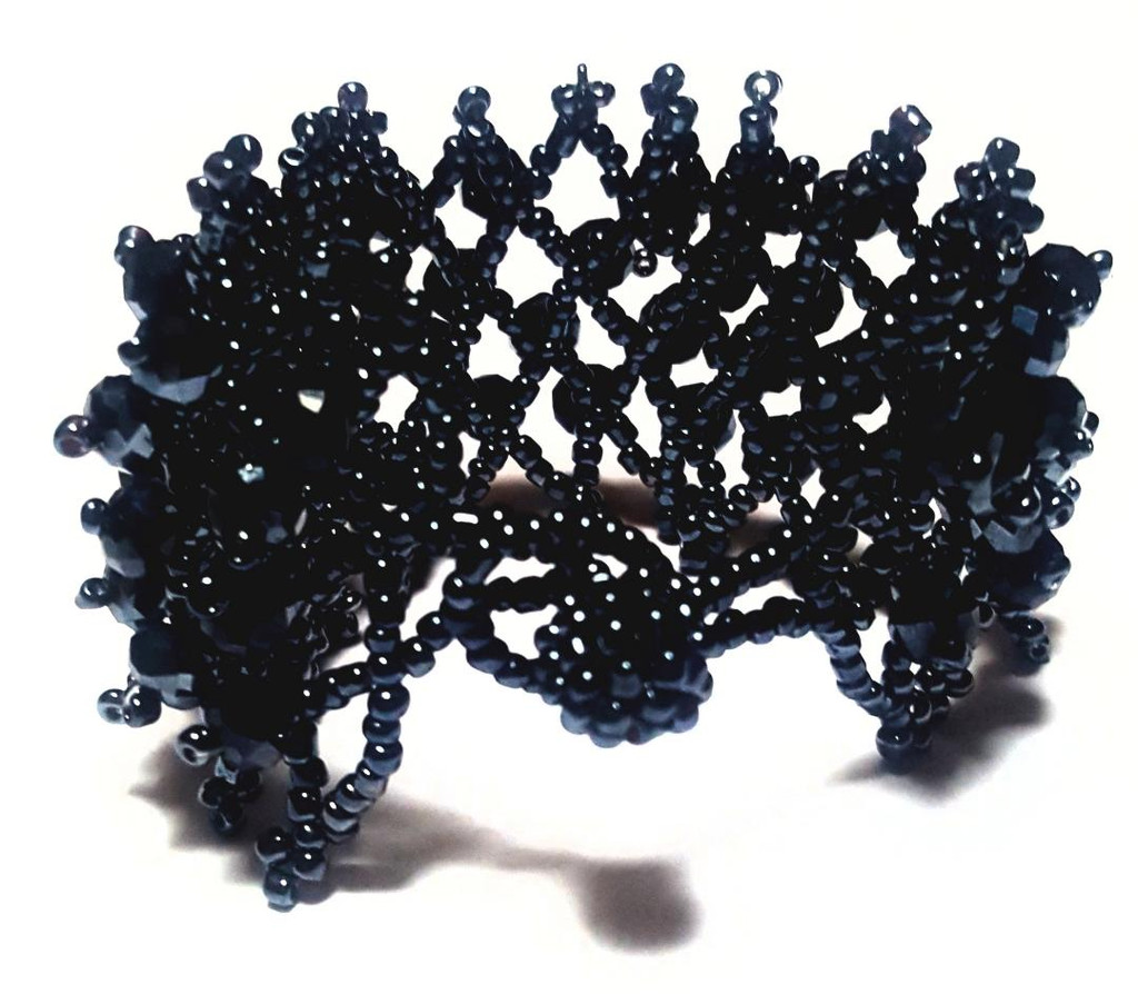 Glittering Crystal-Beaded Basket Weave Deep Navy Bracelet - Vintage 