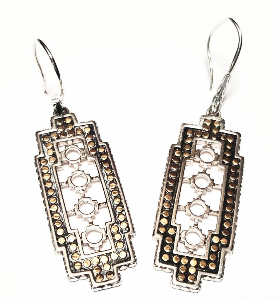 John Hardy Sterling Silver 18K Gold Mesh Dot Vertical Rectangle Dangle Earrings