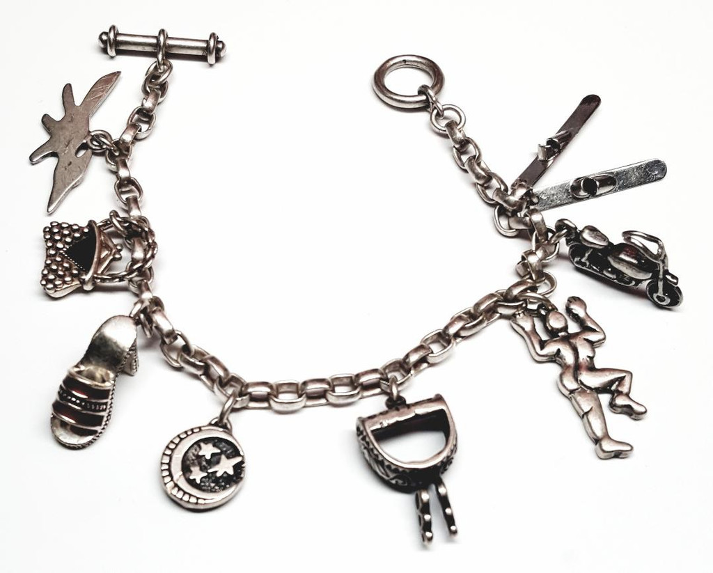 Sterling Silver 8-Charm Toggle Bracelet - Vintage 