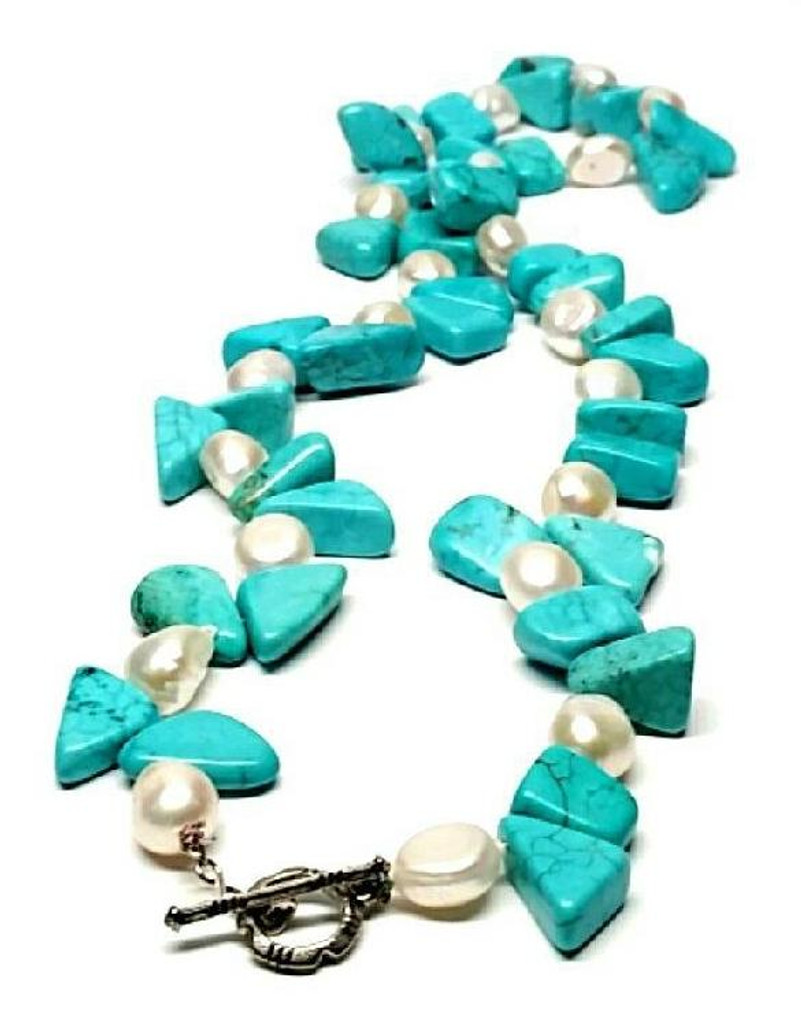 Natural Sleeping Beauty Turquoise Stones Baroque Pearls Heavy Statement Necklace -  Vintage 