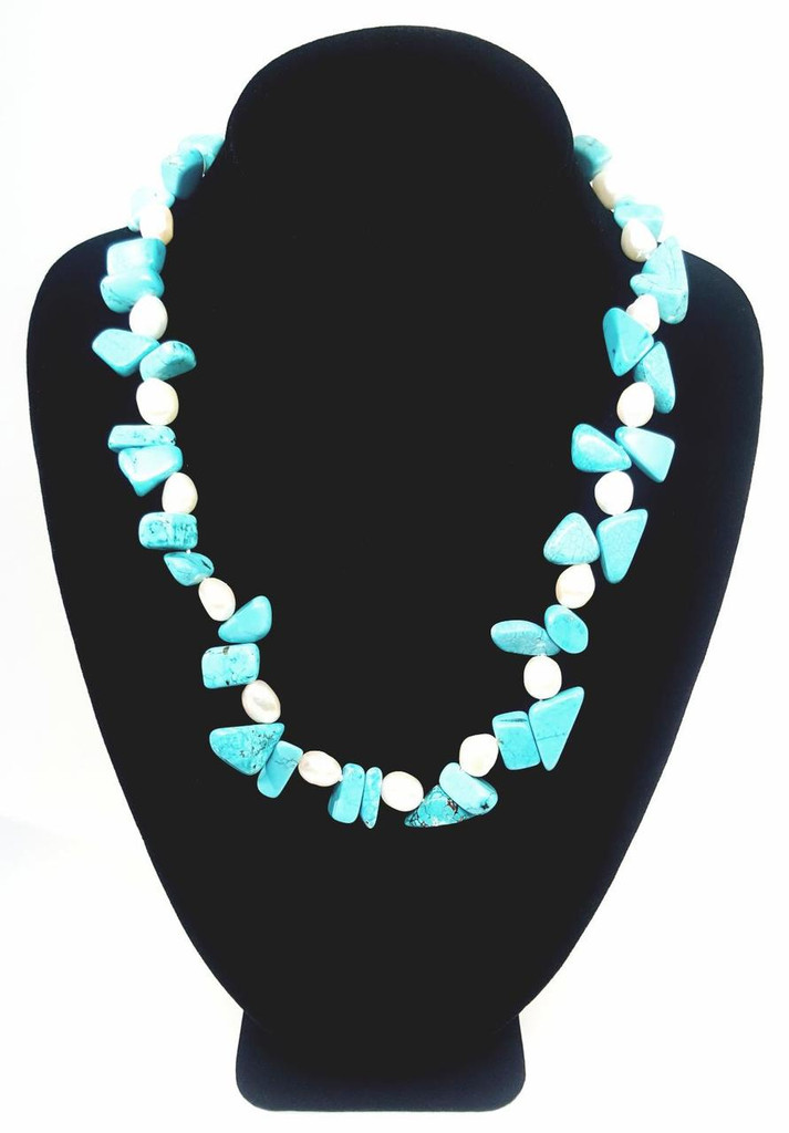 Natural Sleeping Beauty Turquoise Stones Baroque Pearls Heavy Statement Necklace -  Vintage 