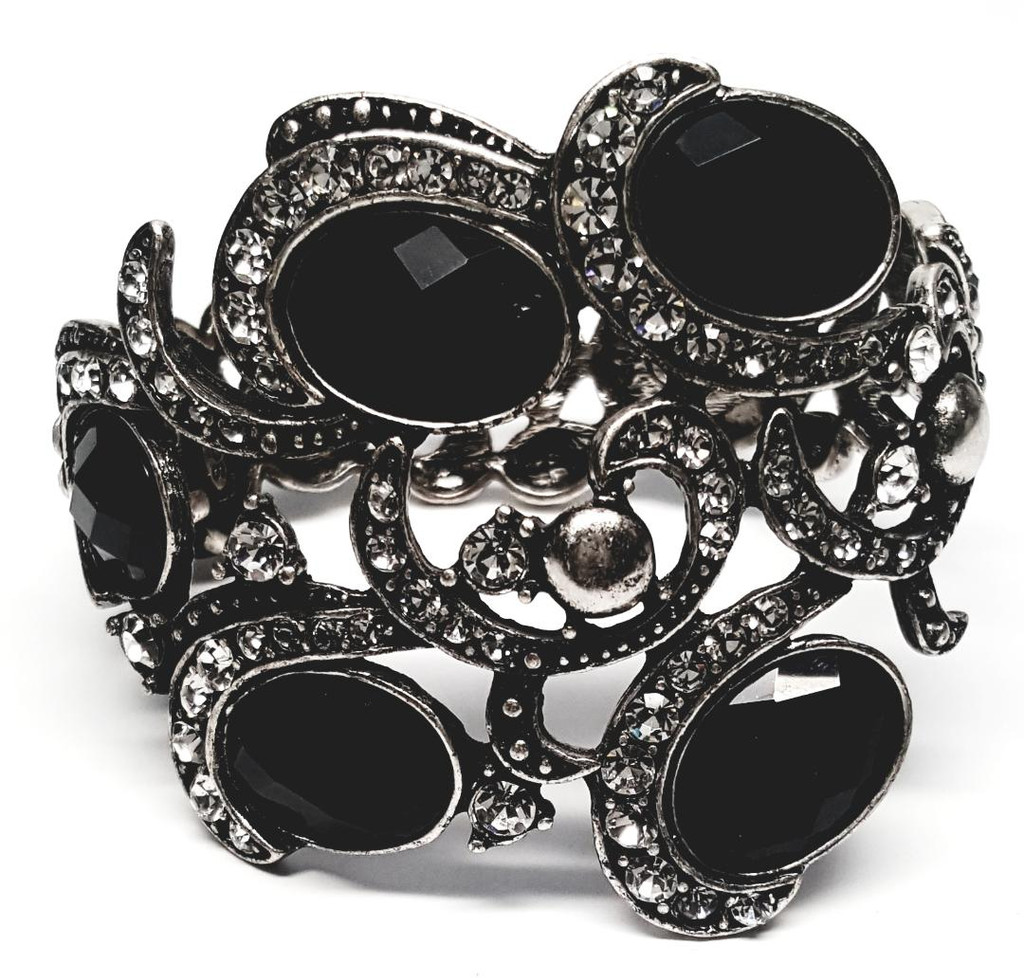 Sol 074 Lucite Onyx and Rhinestone Pewter Metal Statement Clamper Bracelet