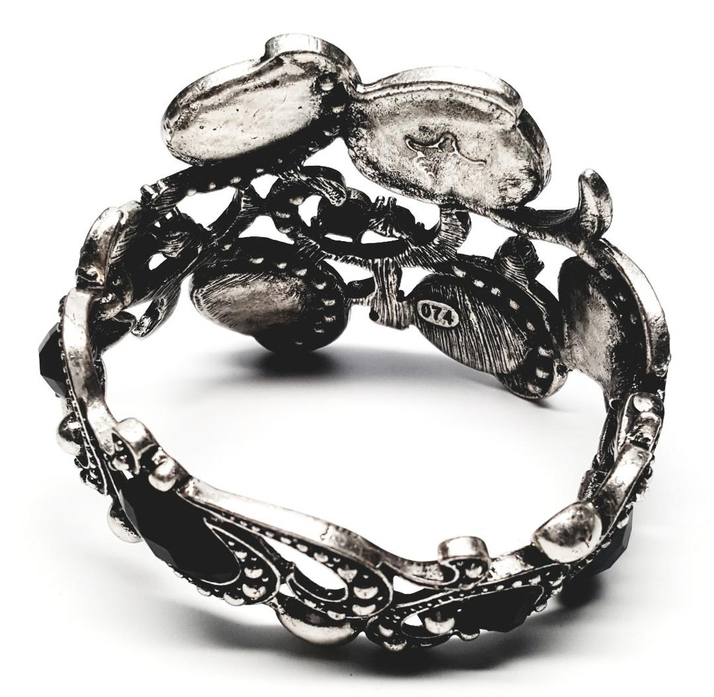 Sol 074 Lucite Onyx and Rhinestone Pewter Metal Statement Clamper Bracelet