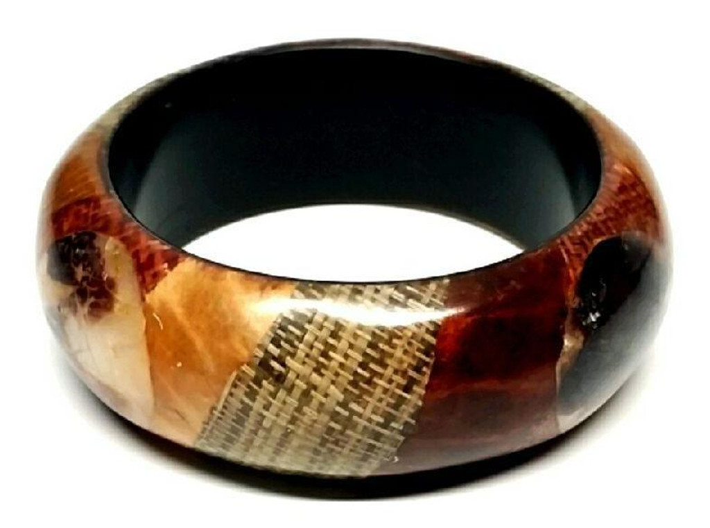 Lucite Mother of Pearl and Raffia So Boho Bangle Bracelet - Vintage