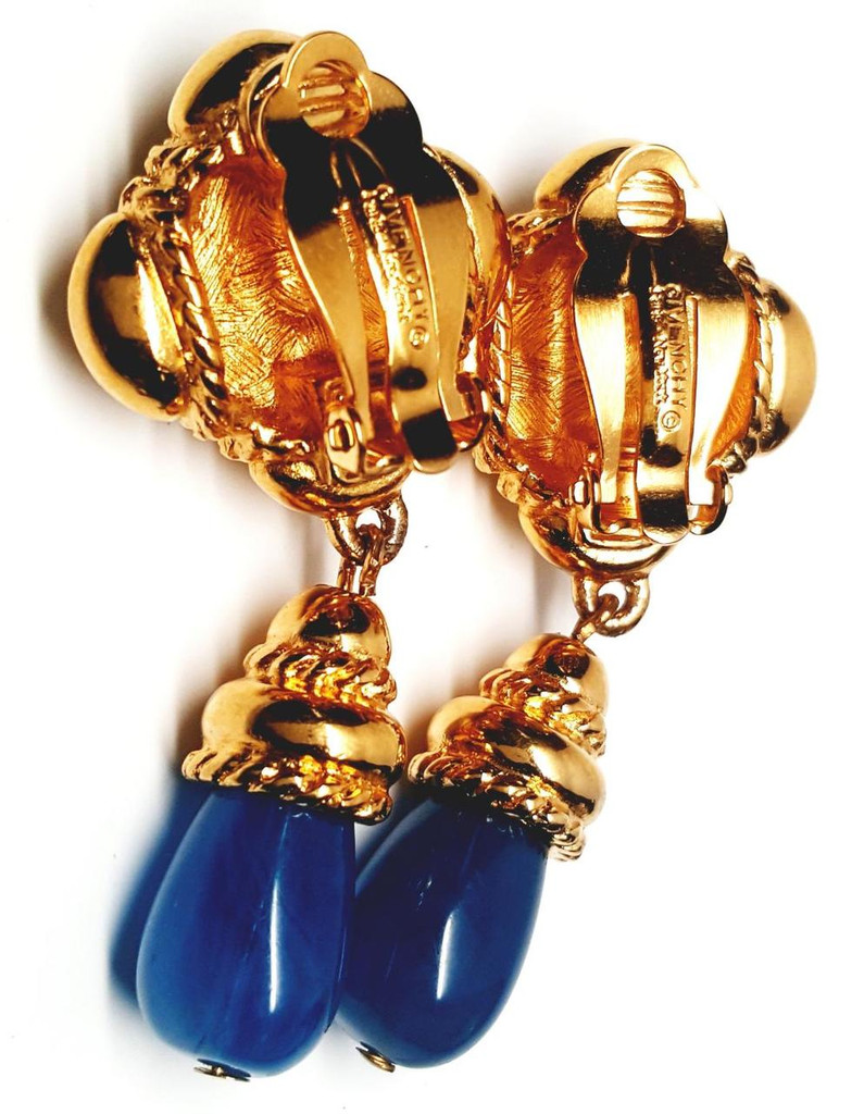 Givenchy Glass Ocean Drop Rich Gold Tone Earrings - Vintage 1980s