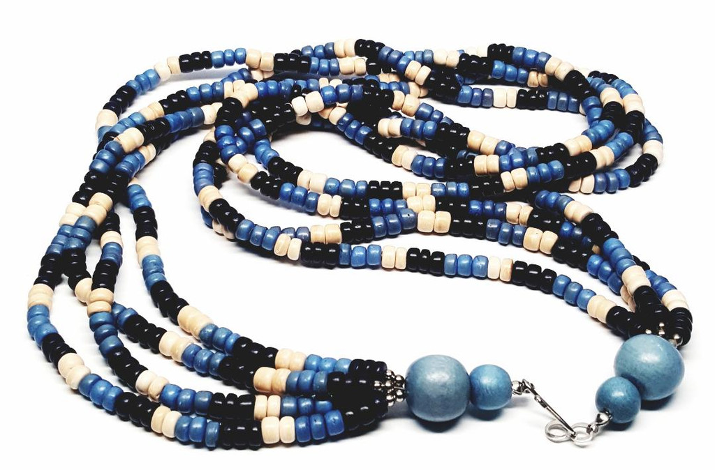 Wooden Necklace - So Boho Blueberry Cream Four-Strand Beads Necklace - Vintage Deadstock