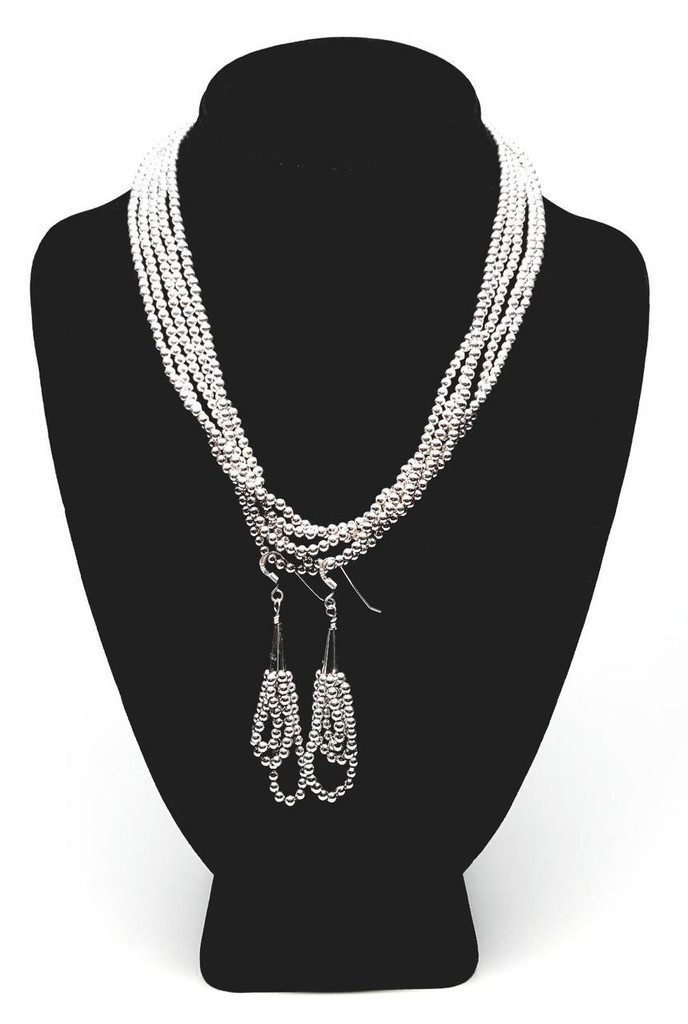 Sterling Silver Small Graduated Ball 5-Strand Necklace 3-Strand Earring Set - Vintage