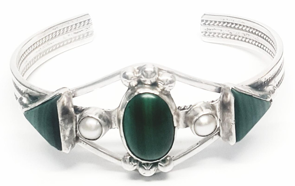 Harry B. Yazzie Sterling Silver Malachite and Pearl Cuff  - Vintage 