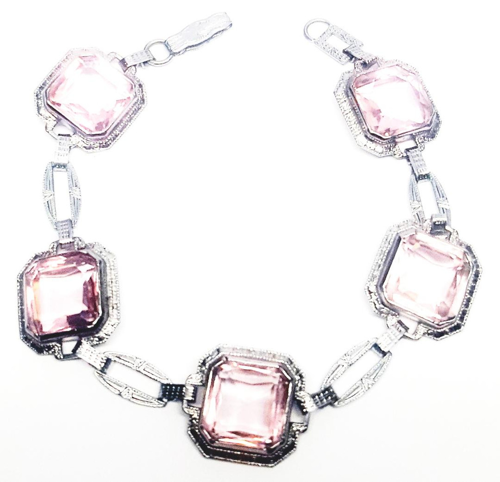 Sterling Silver Big Pink Emerald-Cut Crystals Bracelet - Vintage